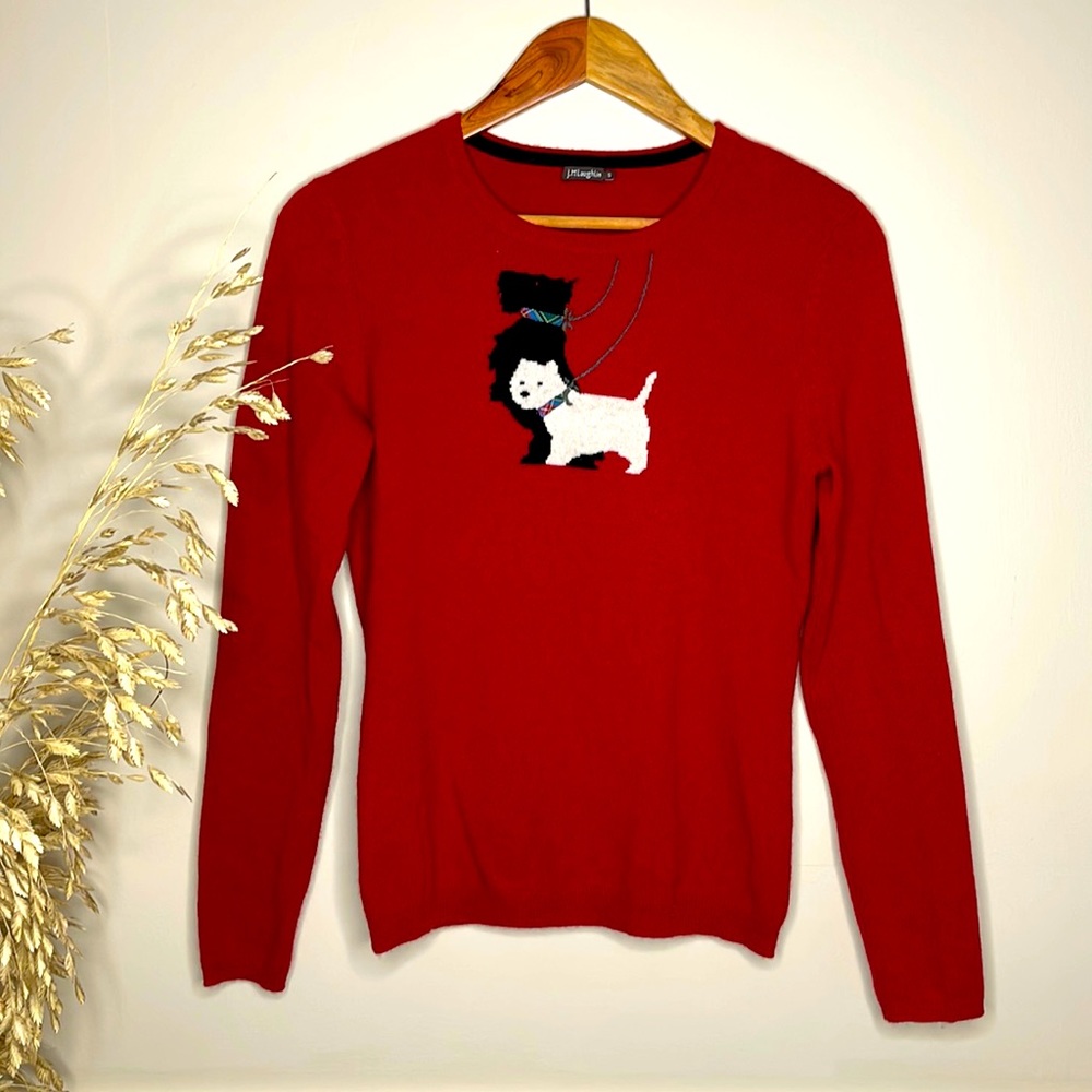 J.McLaughlin Pure Wool Angora Red Sweater Dog Print